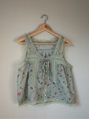 Sage Green Floral Lace Cotton Tank Top Cottagecore Boho Button-Front Size Medium